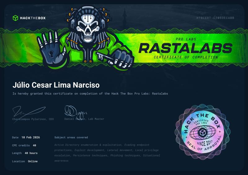 Certificado Hack The Box Pro Labs RastaLabs