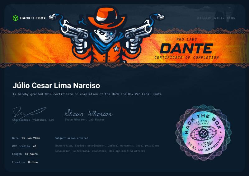 Certificado Hack The Box Pro Labs Dante